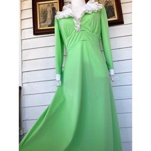 Vintage 1970's Lime Green Maxi Dress Mod Poly KNit